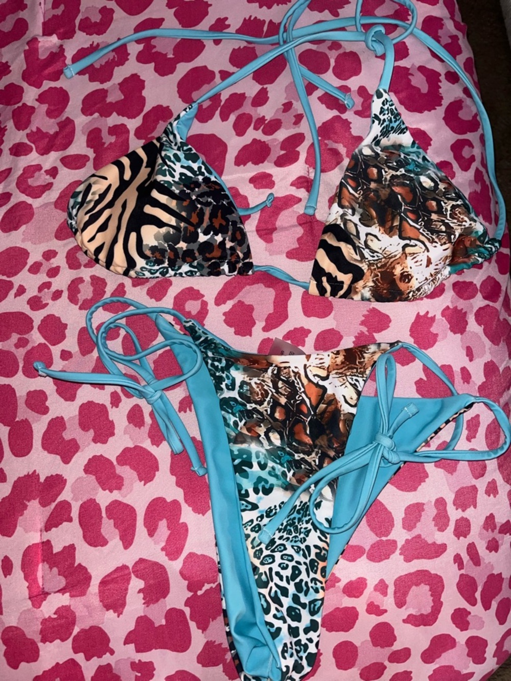 Blue Animal Print Tie-Side Bikini - Women's Swim